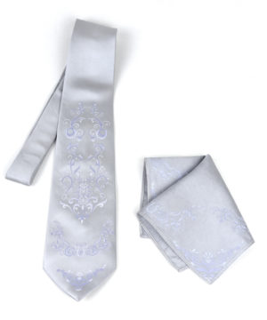 Hodvábna kravata + vreckovka vyrobená na Slovensku - Light Ornament Silver